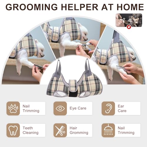 BEAUTYZOO Dog Grooming Hammock for Small Dogs & Cats – Nail Trimming Sling with Safety Strap, Clippers, and File, Beige, Size S