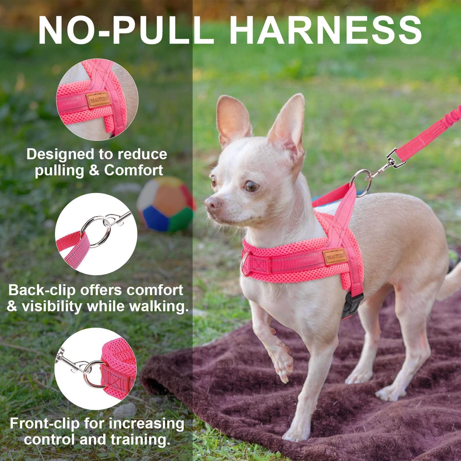 BEAUTYZOO Dog Harness and Leash Set for Small Dogs, No Pull Vest with Reflective Stitching, Size S Pink