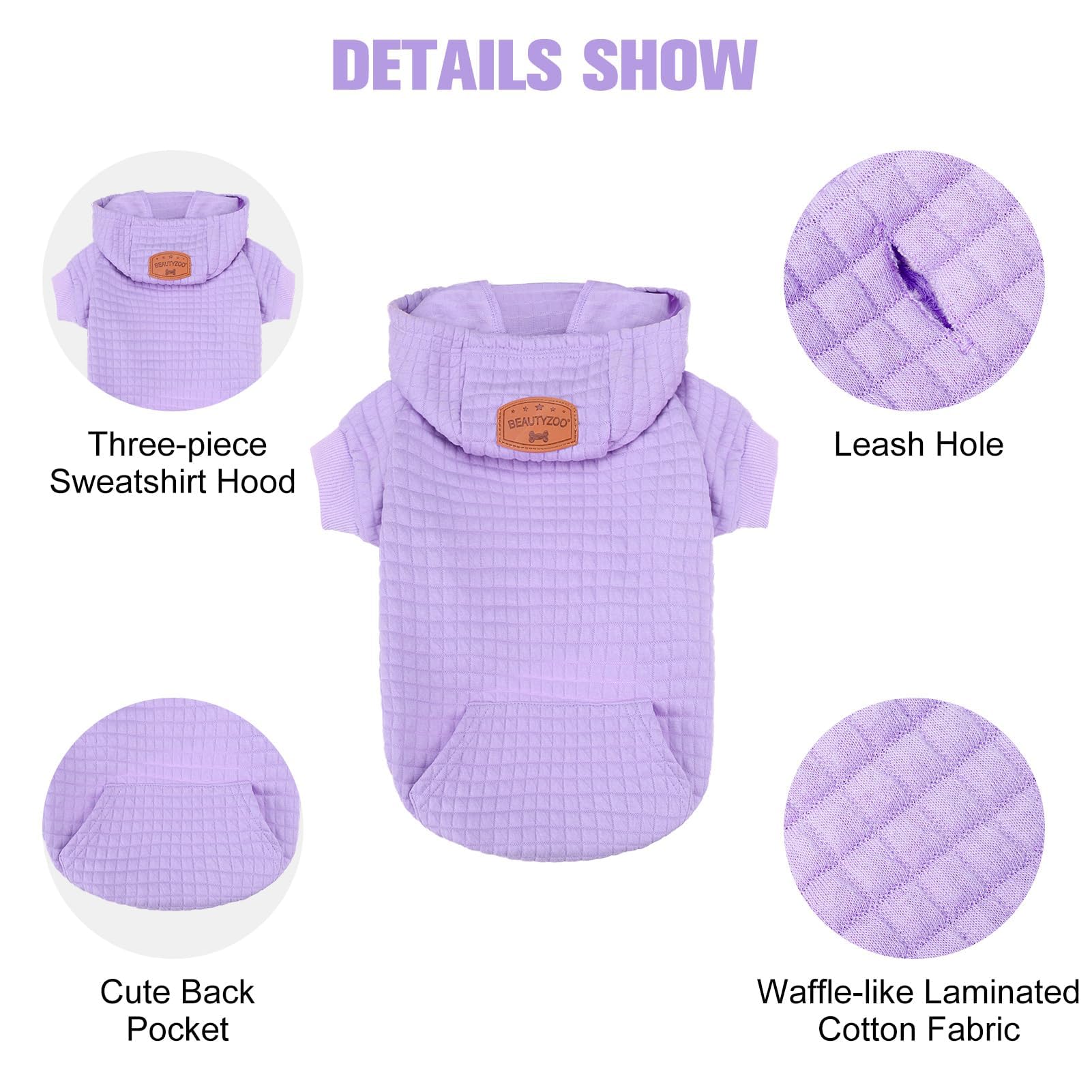 BEAUTYZOO Dog Hoodie Sweater with Pockets - Waffle-Like Laminated Cotton, Adjustable Hood, Leash Hole for Small Medium Dogs