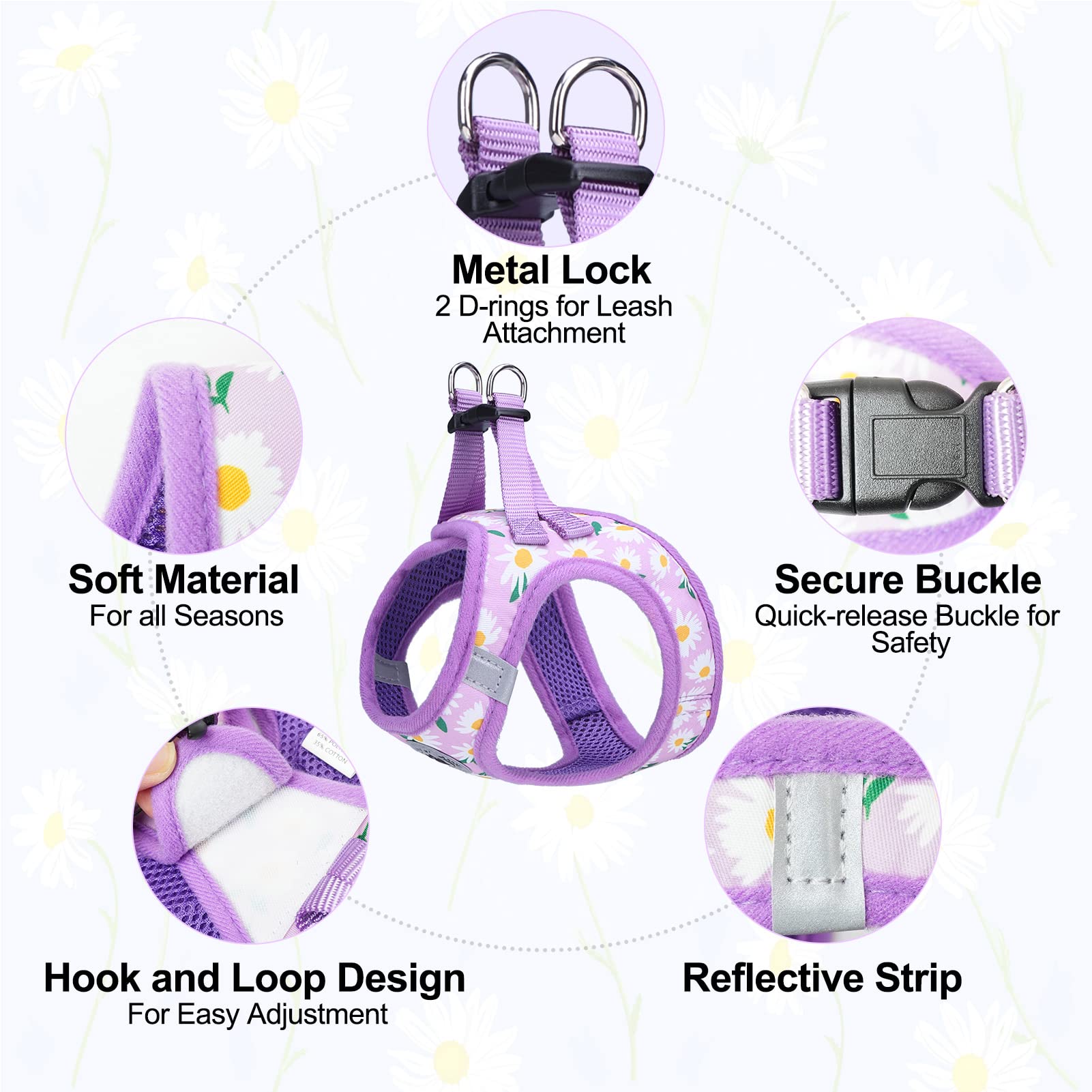 BEAUTYZOO Floral Reflective Step-in Dog Harness and Leash Set for Small Dogs & Cats - Purple Daisy, XX-Small