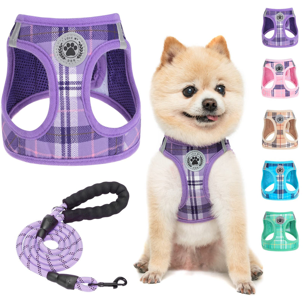 BEAUTYZOO Purple Plaid Small Dog Harness and Leash Set - XXS Step In No Choke No Pull Vest Harness with Reflective Strips for Extra Small Puppies and Cats