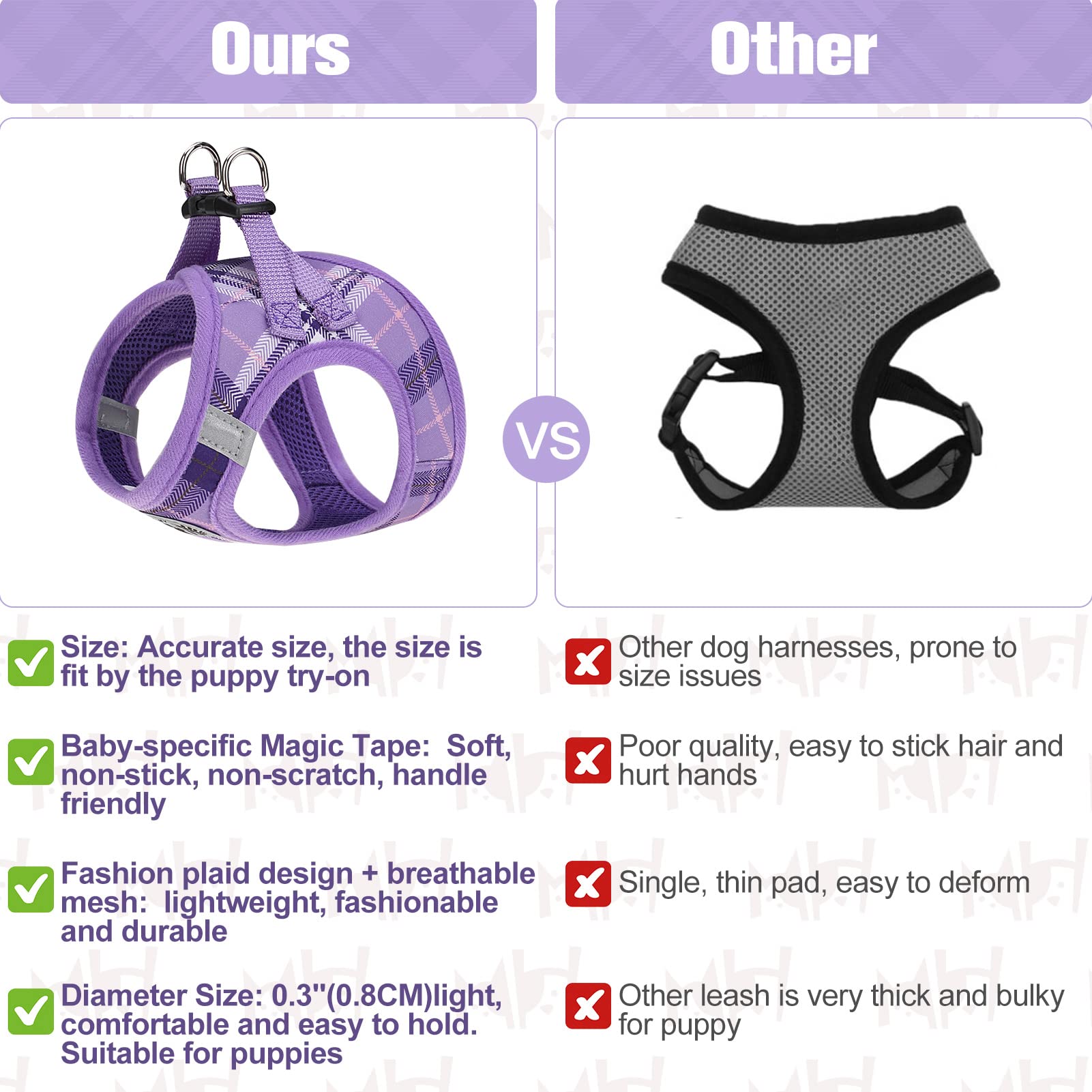 BEAUTYZOO Purple Plaid Small Dog Harness and Leash Set - XXS Step In No Choke No Pull Vest Harness with Reflective Strips for Extra Small Puppies and Cats