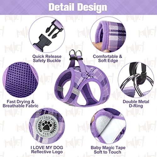 BEAUTYZOO Purple Plaid Small Dog Harness and Leash Set - XXS Step In No Choke No Pull Vest Harness with Reflective Strips for Extra Small Puppies and Cats