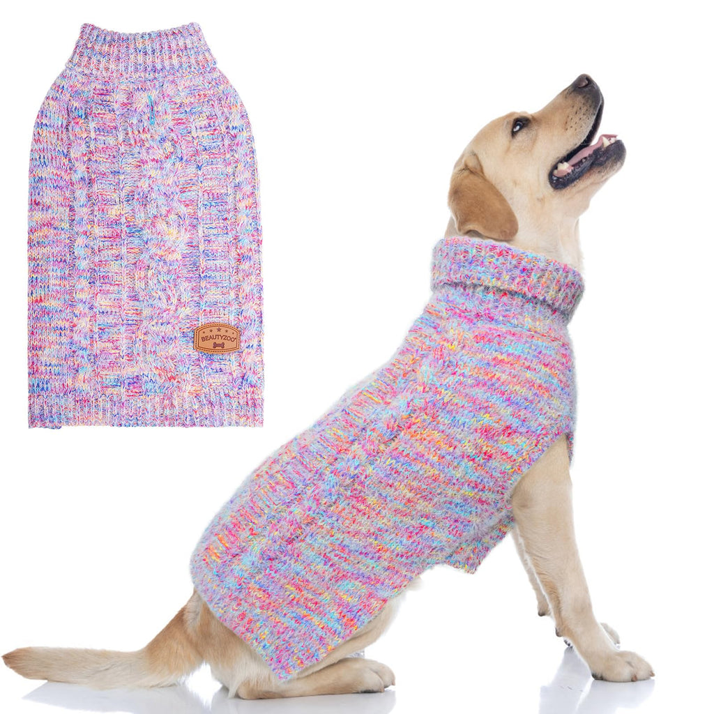 BEAUTYZOO Small Dog Sweater - Turtleneck Cable Knit Pullover for Small Medium Dogs, Rainbow Pink, M/L