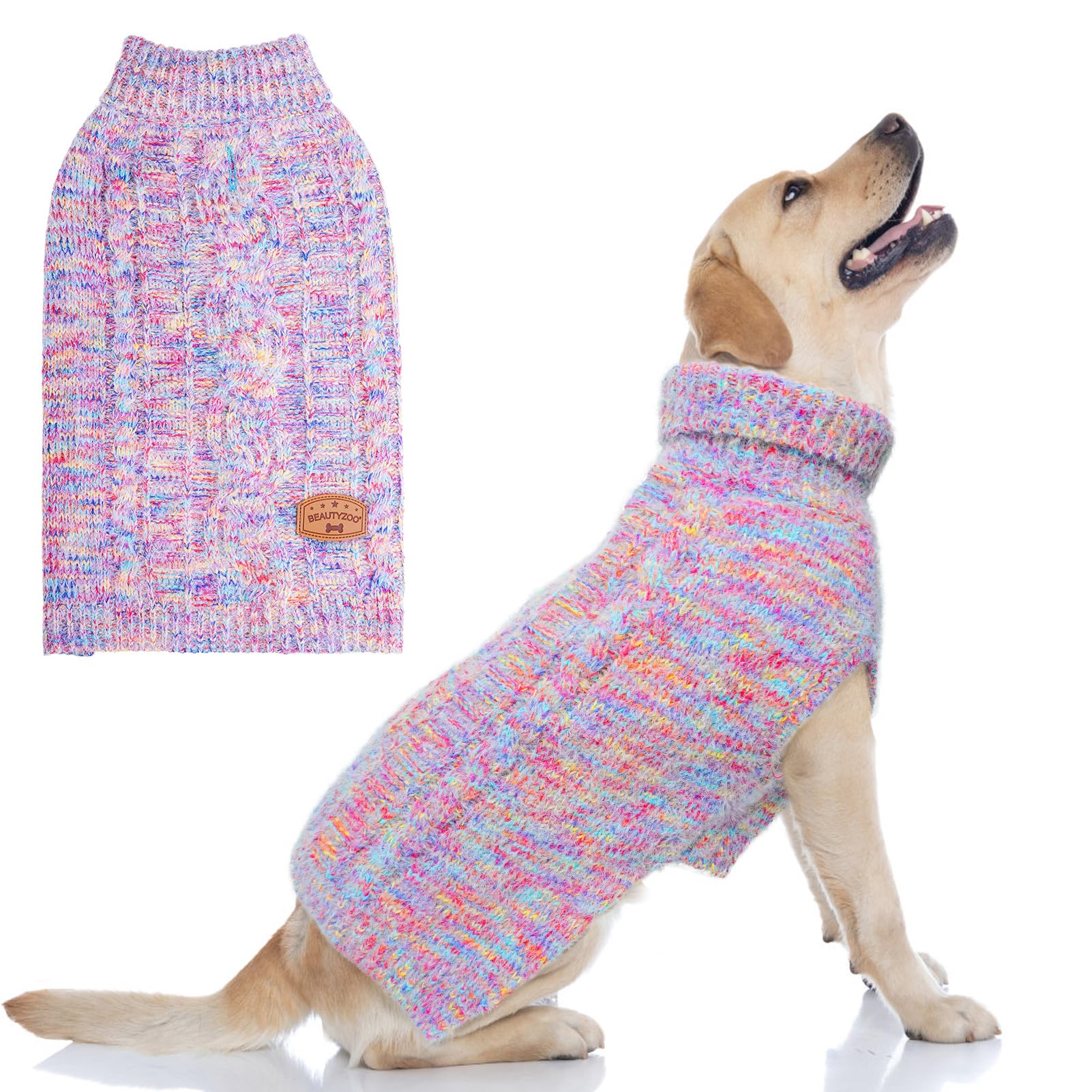 BEAUTYZOO Small Dog Sweater - Turtleneck Cable Knit Pullover for Small Medium Dogs, Rainbow Pink, M/L