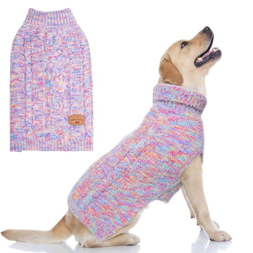 BEAUTYZOO Small Dog Sweater - Turtleneck Cable Knit Pullover for Small Medium Dogs, Rainbow Pink, M/L