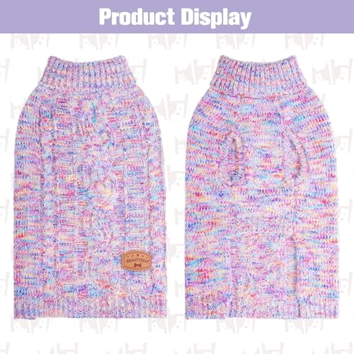 BEAUTYZOO Small Dog Sweater - Turtleneck Cable Knit Pullover for Small Medium Dogs, Rainbow Pink, M/L