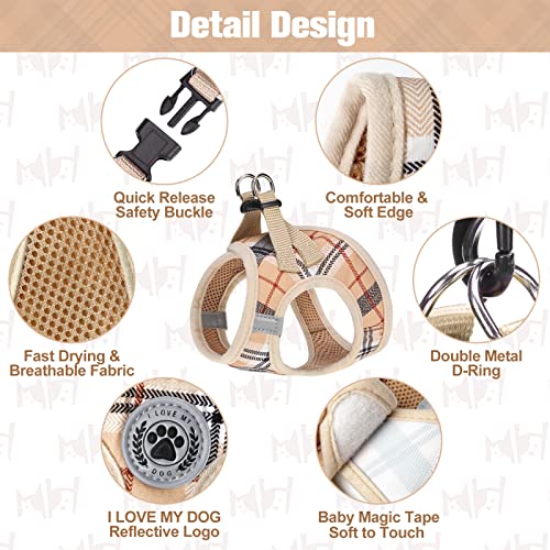 BEAUTYZOO XXS Dog Harness and Leash Set – Step-In No-Choke Vest for Small Puppies, Beige Plaid