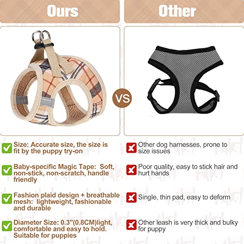 BEAUTYZOO XXS Dog Harness and Leash Set – Step-In No-Choke Vest for Small Puppies, Beige Plaid