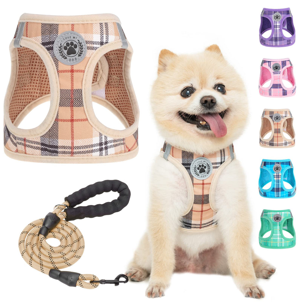 BEAUTYZOO XXS Dog Harness and Leash Set – Step-In No-Choke Vest for Small Puppies, Beige Plaid