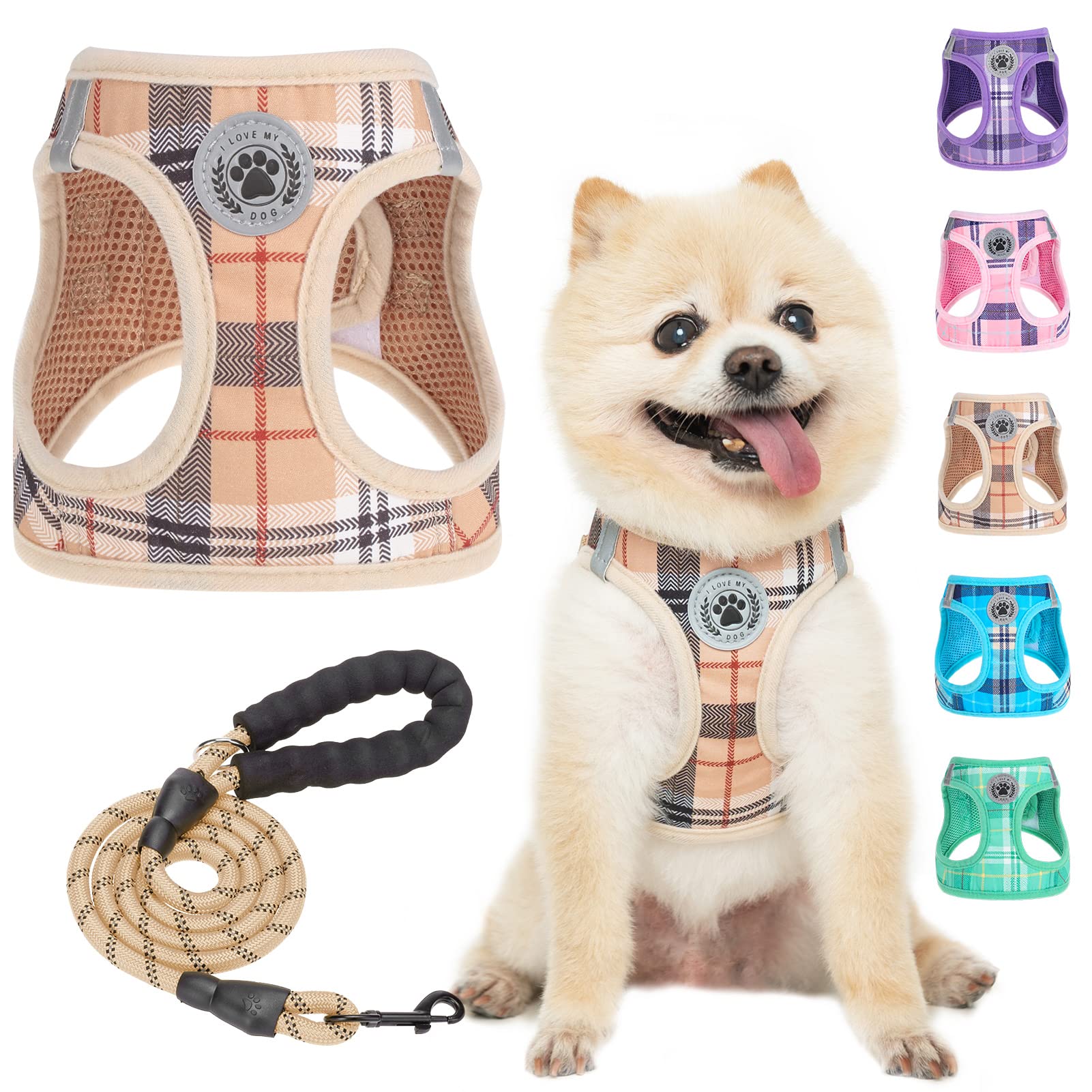 BEAUTYZOO XXS Dog Harness and Leash Set – Step-In No-Choke Vest for Small Puppies, Beige Plaid