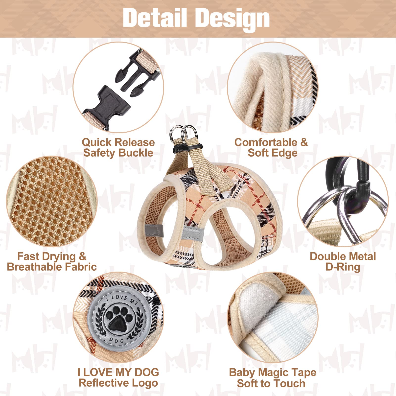 BEAUTYZOO XXS Dog Harness and Leash Set – Step-In No-Choke Vest for Small Puppies, Beige Plaid