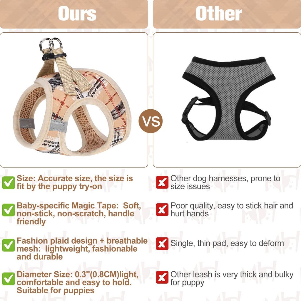 BEAUTYZOO XXS Dog Harness and Leash Set – Step-In No-Choke Vest for Small Puppies, Beige Plaid