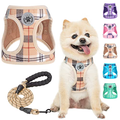 BEAUTYZOO XXS Dog Harness and Leash Set – Step-In No-Choke Vest for Small Puppies, Beige Plaid
