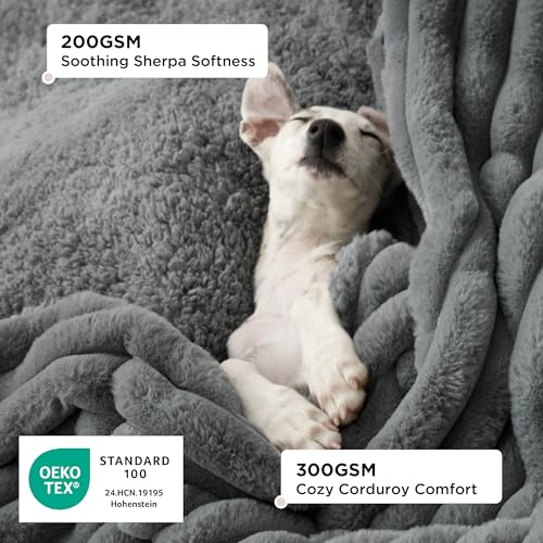 Bedsure Waterproof Dog Blanket for Small Dogs – 25x35 Inch Reversible Corduroy Sherpa Fleece, Warm Grey, Machine Washable