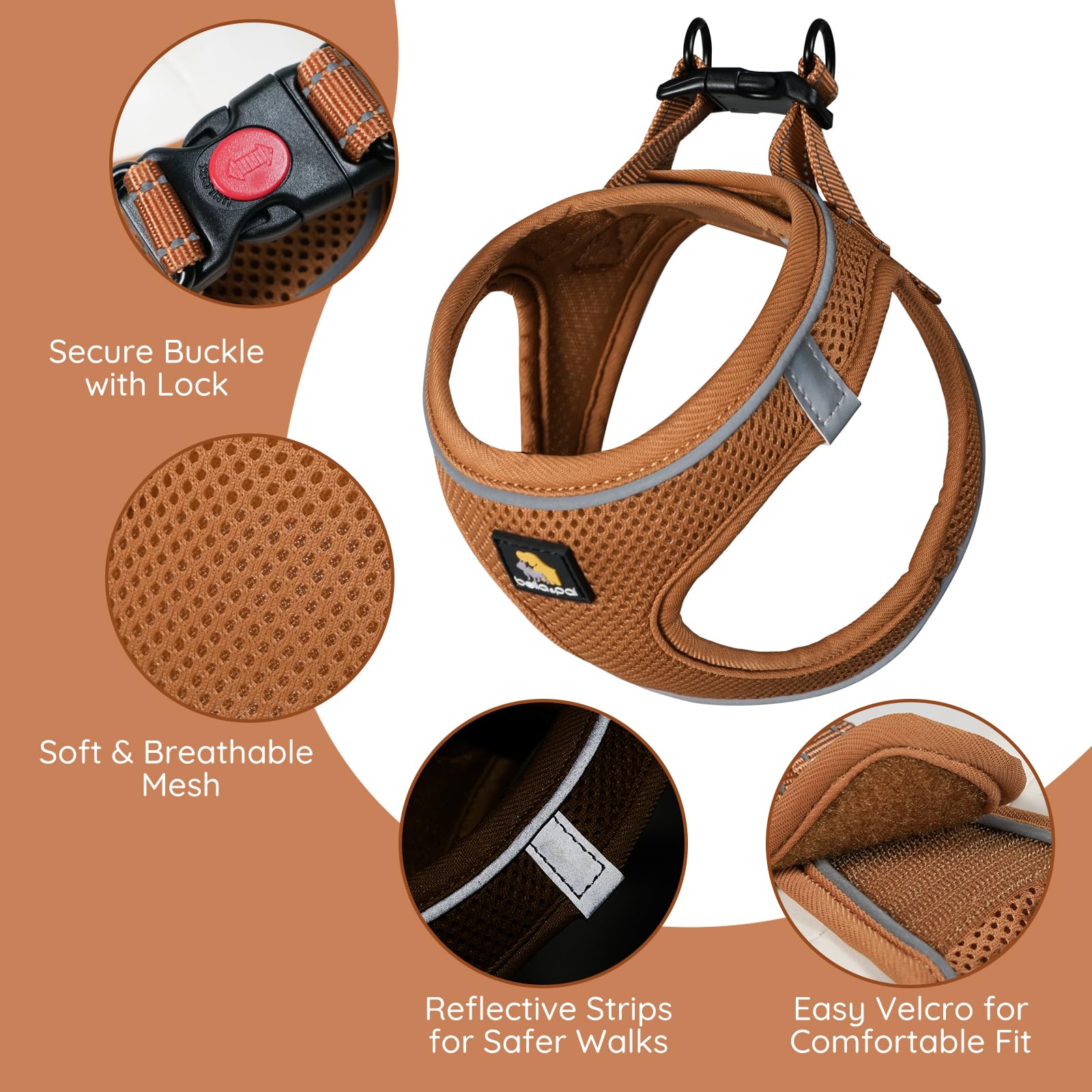 BELLA & PAL Step in Vest Harness for Small and Medium Dogs - No Pull, Air Mesh, Reflective, with Leash (Mokka, L)