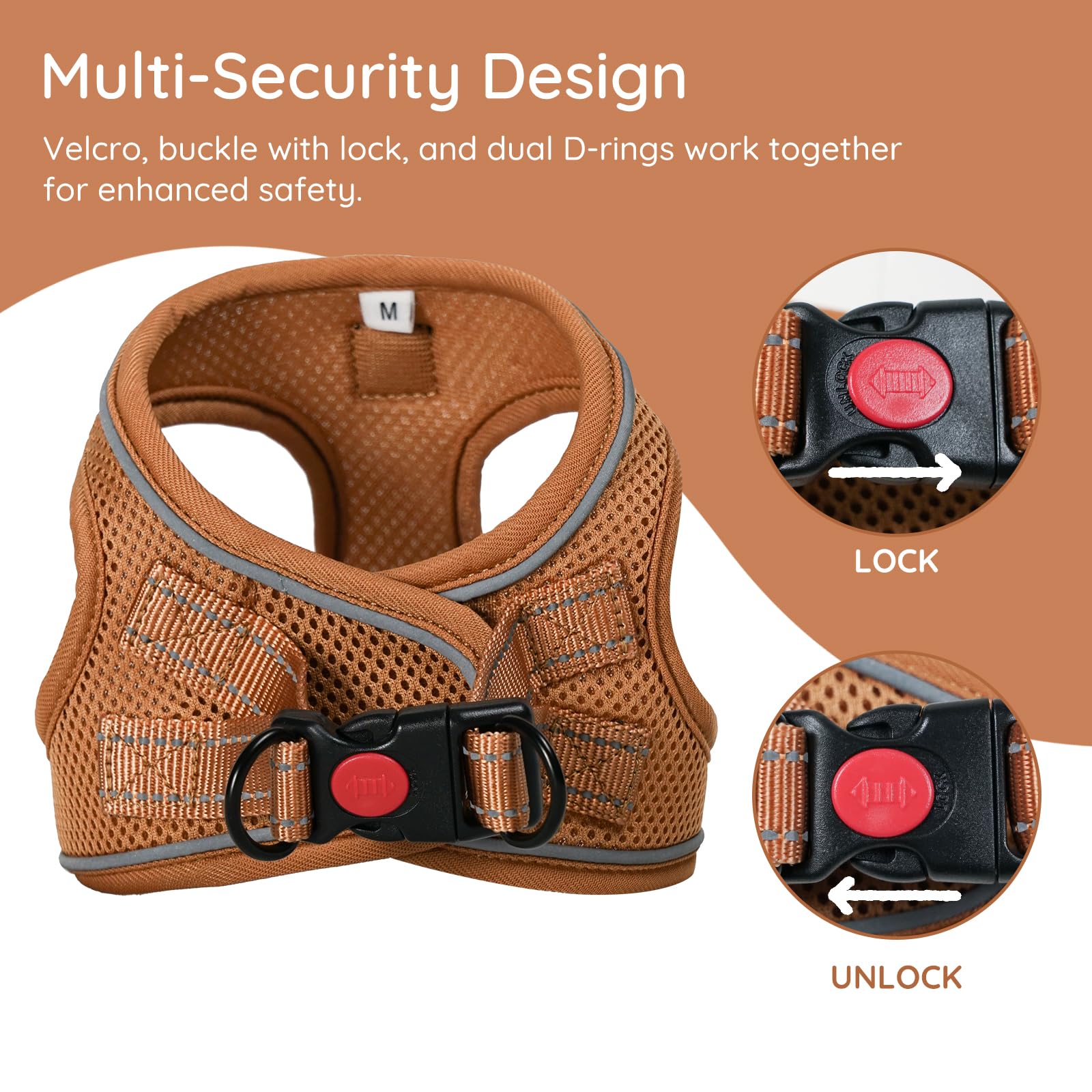 BELLA & PAL Step in Vest Harness for Small and Medium Dogs - No Pull, Air Mesh, Reflective, with Leash (Mokka, L)