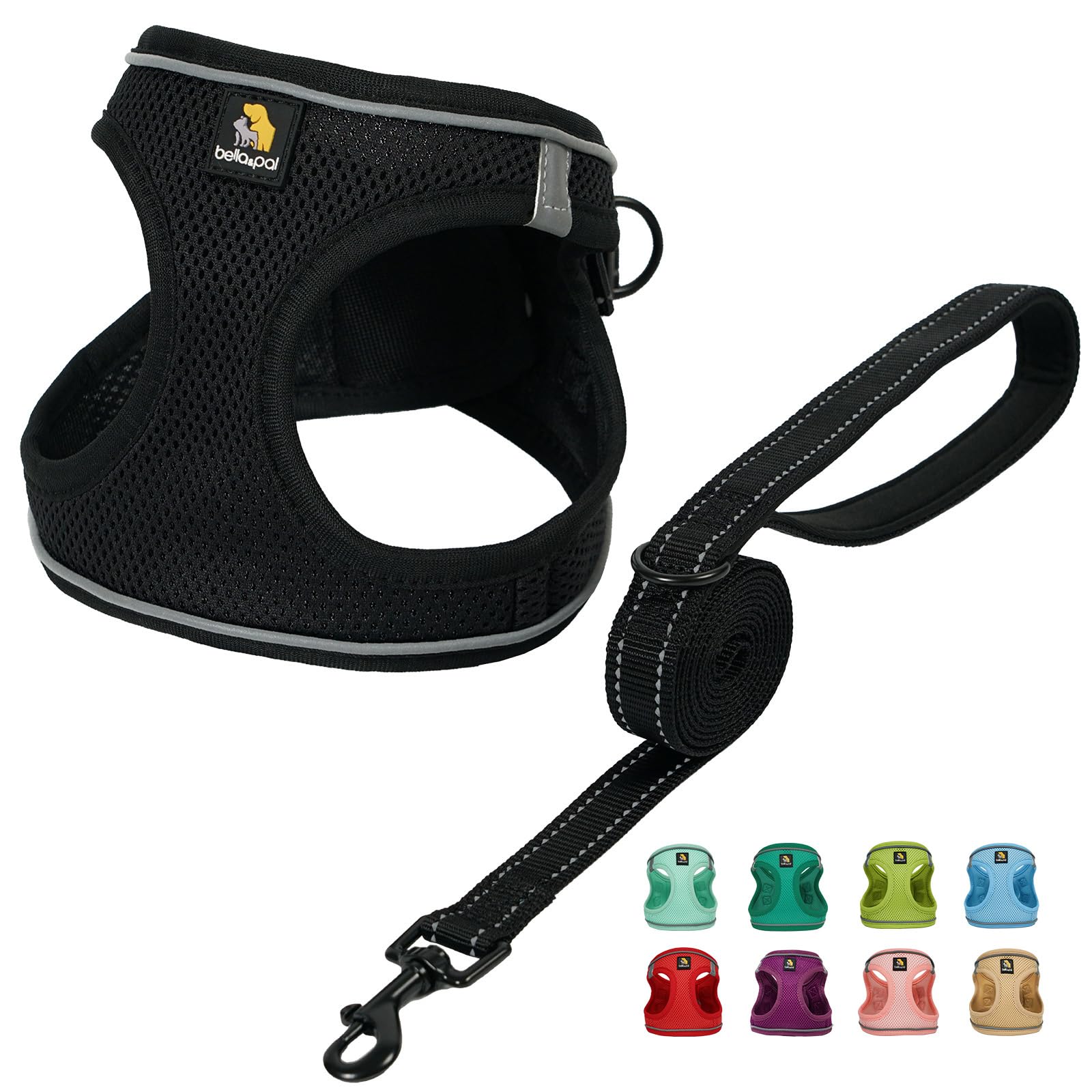 BELLA & PAL Step in Vest Harness for Small and Medium Dogs – No Pull Harness with Leash, Air Mesh, Reflective Strips (Deep Black, M)