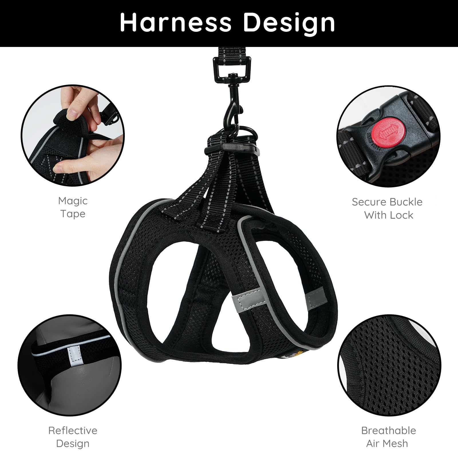 BELLA & PAL Step in Vest Harness for Small and Medium Dogs – No Pull Harness with Leash, Air Mesh, Reflective Strips (Deep Black, M)