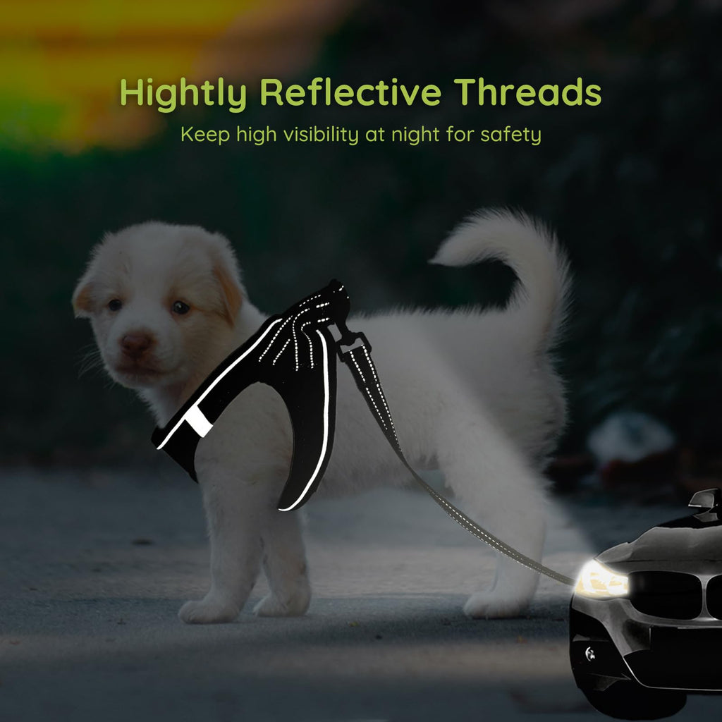 BELLA & PAL Step in Vest Harness for Small and Medium Dogs – No Pull Harness with Leash, Air Mesh, Reflective Strips (Deep Black, M)