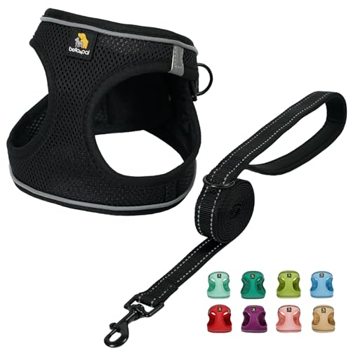 BELLA & PAL Step in Vest Harness for Small and Medium Dogs – No Pull Harness with Leash, Air Mesh, Reflective Strips (Deep Black, M)