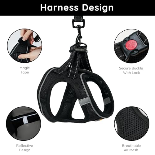BELLA & PAL Step in Vest Harness for Small and Medium Dogs – No Pull Harness with Leash, Air Mesh, Reflective Strips (Deep Black, M)