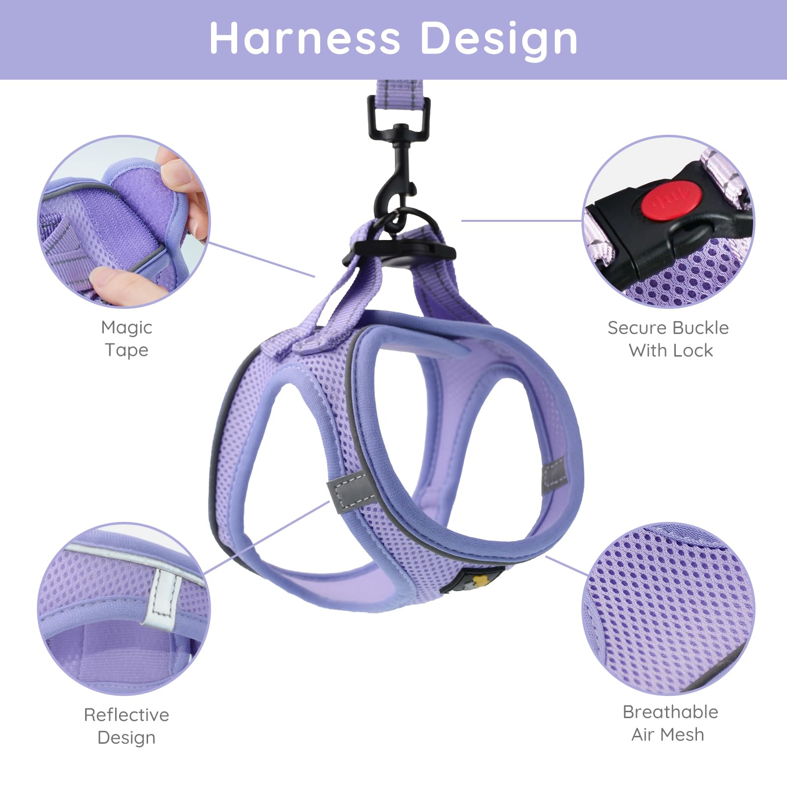 BELLA & PAL Step in Vest Harness for Small and Medium Dogs, No Pull Harness with Leash, Breathable Air Mesh, Reflective Strips, Lavender, Size M