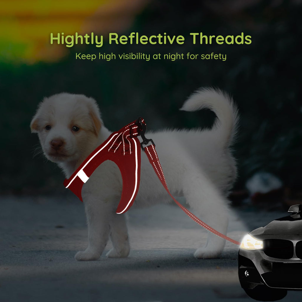 BELLA & PAL Step-In Vest Harness for Small & Medium Dogs - Red, Size M with Leash & Reflective Strips