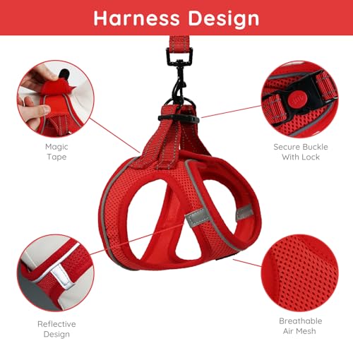 BELLA & PAL Step-In Vest Harness for Small & Medium Dogs - Red, Size M with Leash & Reflective Strips