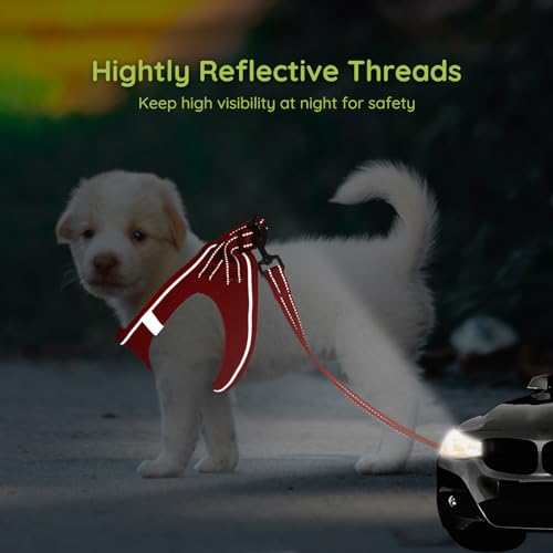 BELLA & PAL Step-In Vest Harness for Small & Medium Dogs - Red, Size M with Leash & Reflective Strips