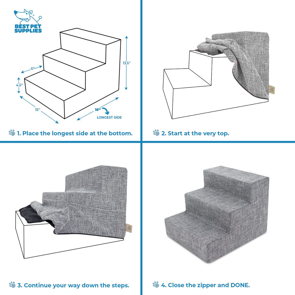 Best Pet Supplies Foam Pet Steps Cover - Ash Gray Linen, 3-Step Replacement for Small Dogs and Cats