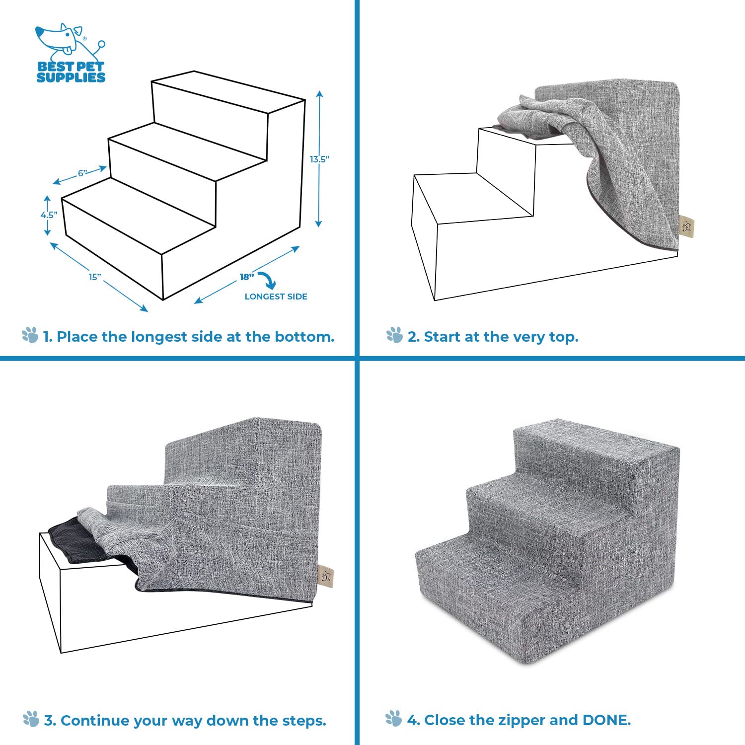 Best Pet Supplies Foam Pet Steps Cover - Ash Gray Linen, 3-Step Replacement for Small Dogs and Cats