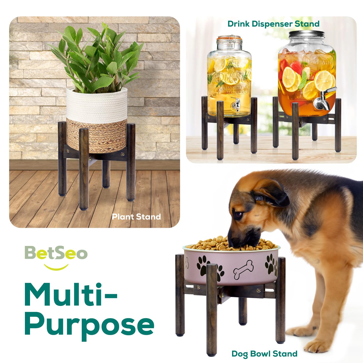 BETSEO Adjustable Dog Bowl Stand 10.3in Height - Wood Elevated Feeders for Medium Breeds (1 Pack, Bowls Not Included)