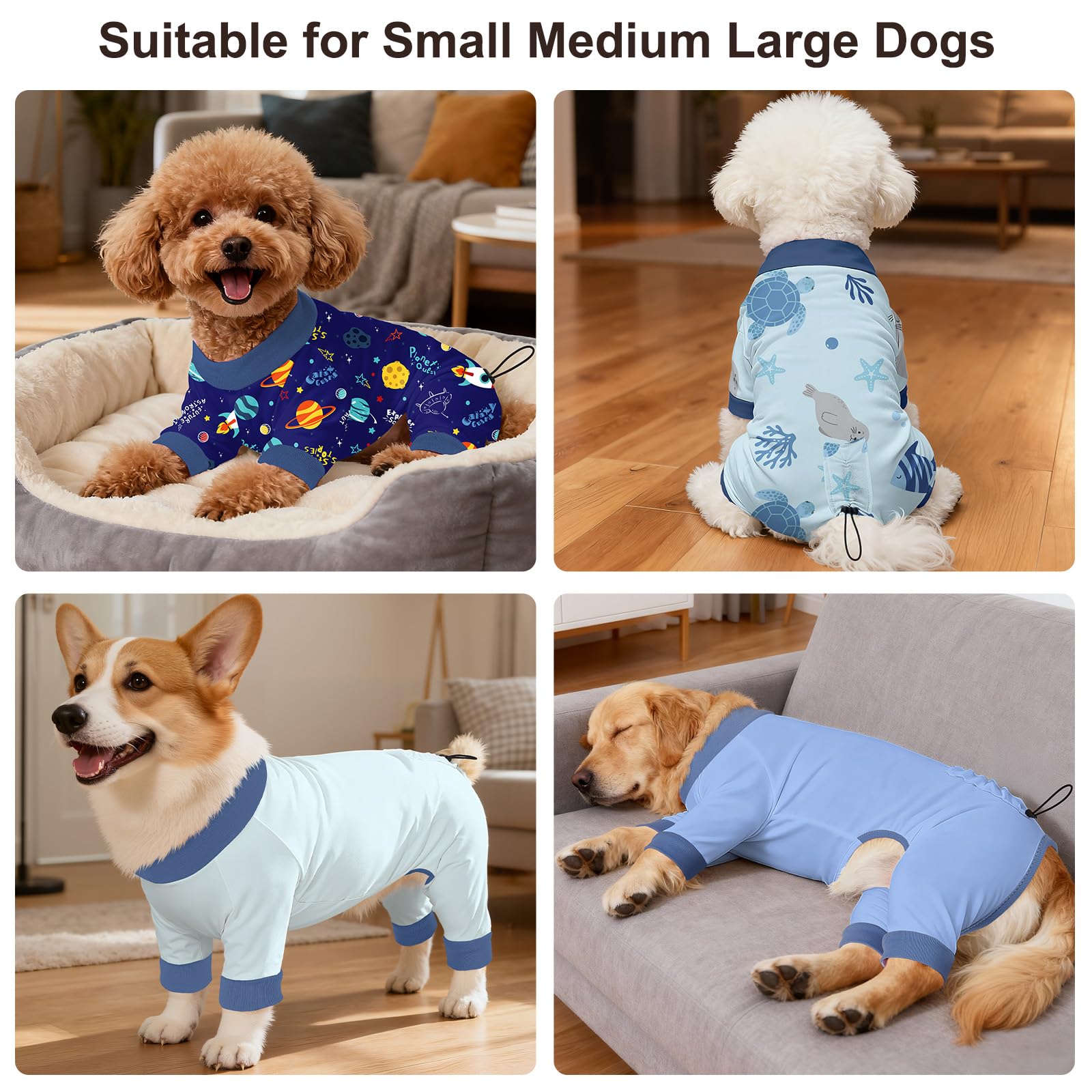 Bienbee 4-Pack Dog Pajamas – Soft Breathable Recovery Suit with Adjustable Back, Machine Washable, for Small to Large Dogs (Size Large)