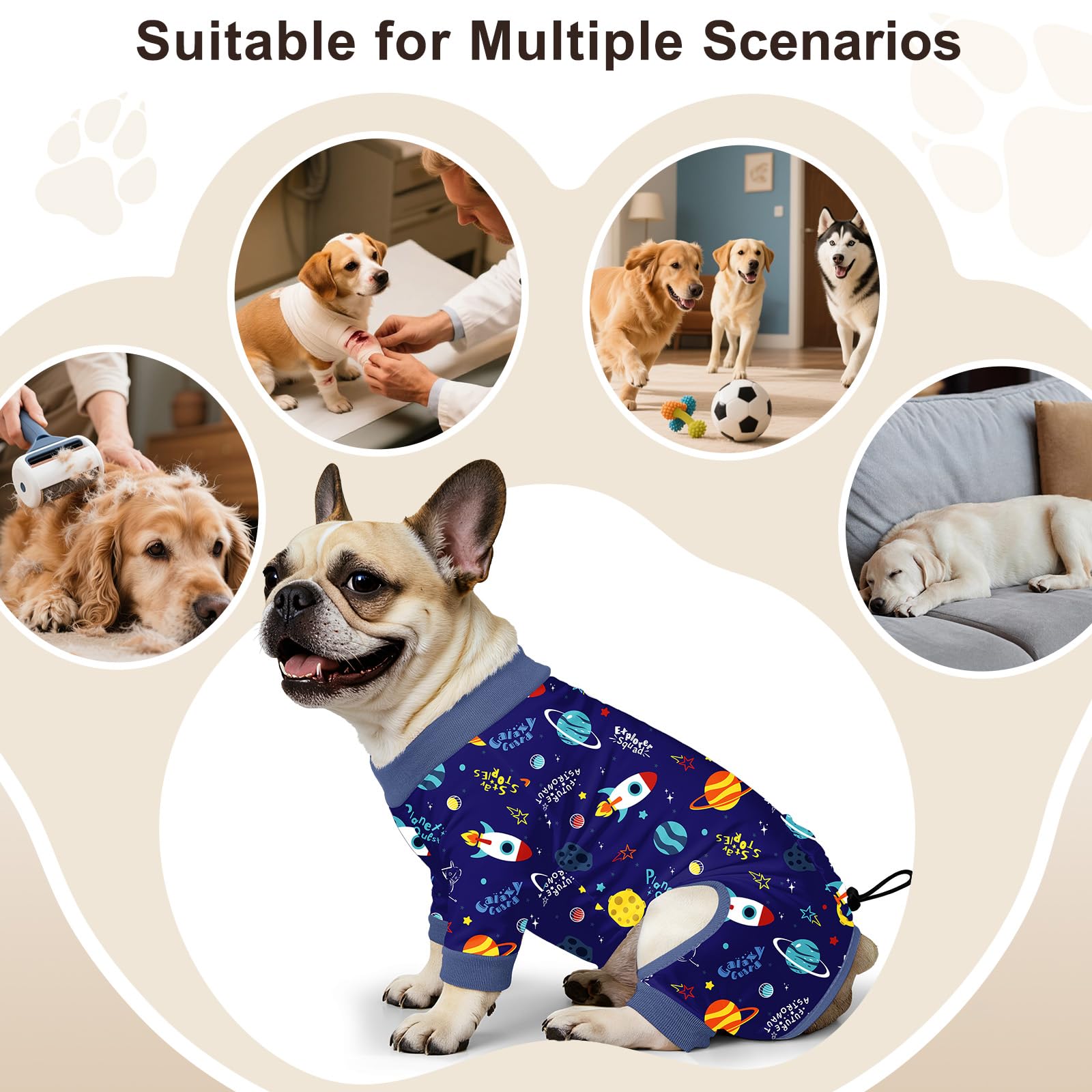 Bienbee 4-Pack Dog Pajamas – Soft Breathable Recovery Suit with Adjustable Back, Machine Washable, for Small to Large Dogs (Size Large)