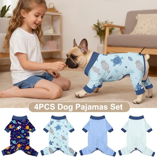 Bienbee 4-Pack Dog Pajamas – Soft Breathable Recovery Suit with Adjustable Back, Machine Washable, for Small to Large Dogs (Size Large)