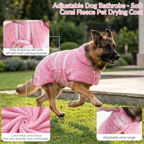 Bienbee Dog Bathrobe - Quick Drying Super Absorbent Pet Robe for Small to Large Dogs, Pink, Large