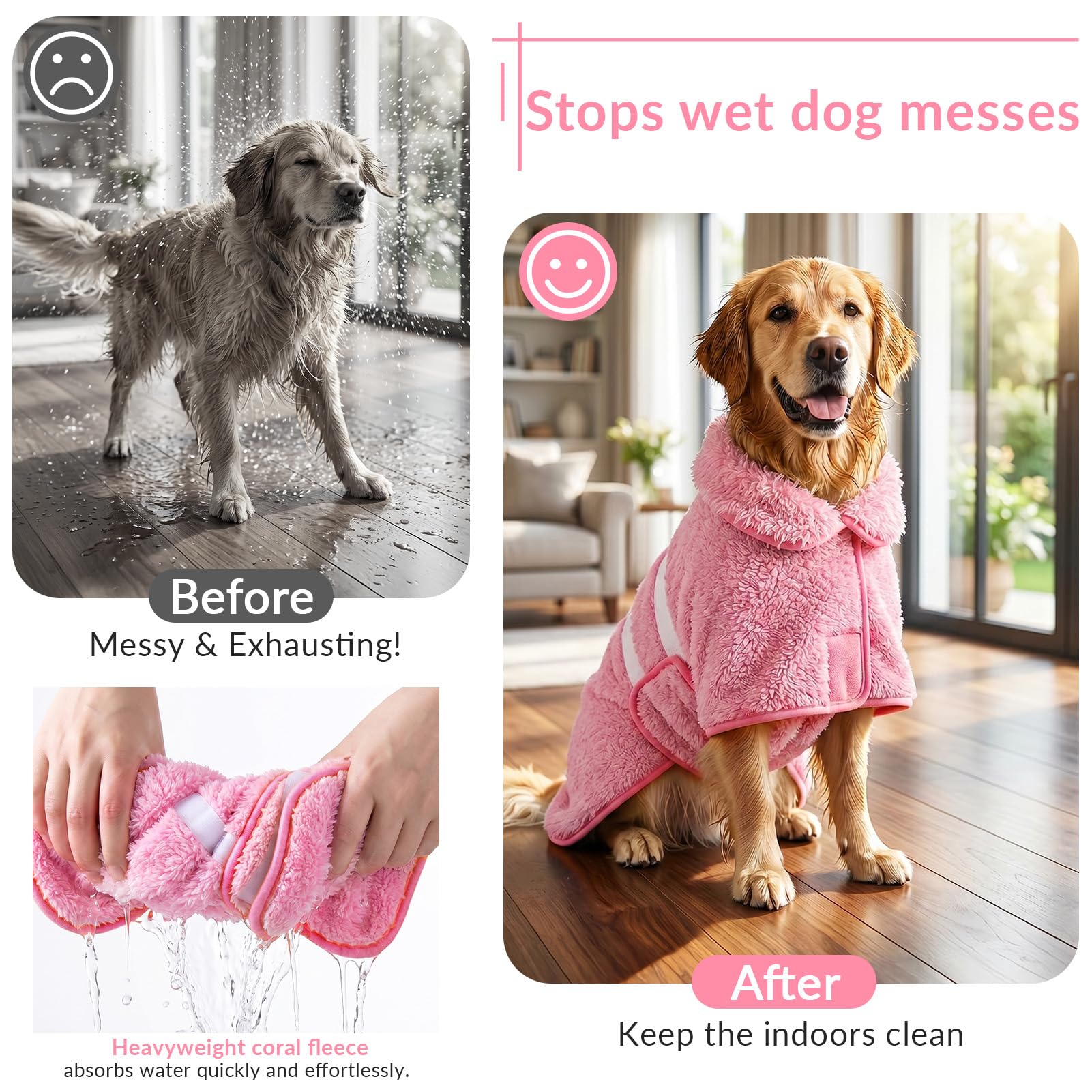 Bienbee Dog Bathrobe - Quick Drying Super Absorbent Pet Robe for Small to Large Dogs, Pink, Large