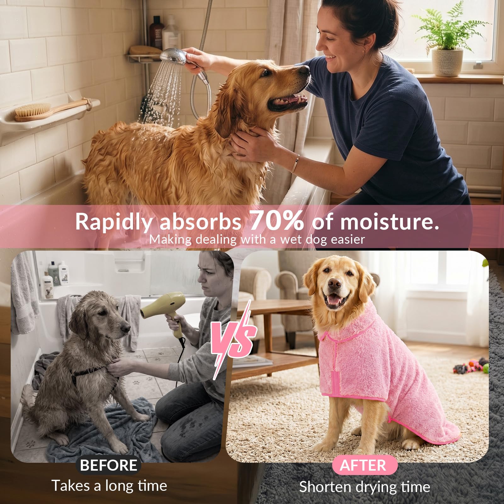 Bienbee Dog Bathrobe - Quick Drying Super Absorbent Pet Robe for Small to Large Dogs, Pink, Large