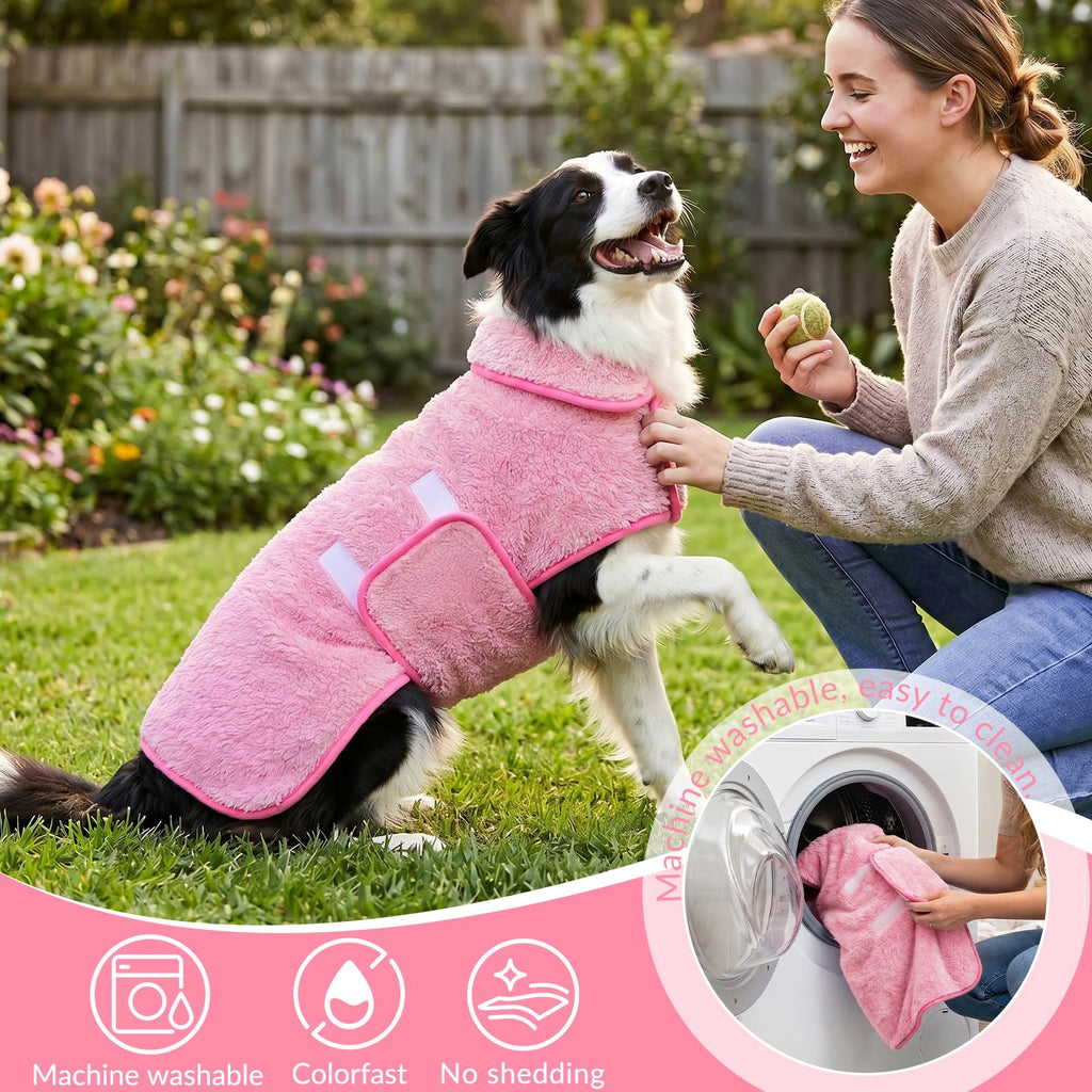 Bienbee Dog Bathrobe - Quick Drying Super Absorbent Pet Robe for Small to Large Dogs, Pink, Large