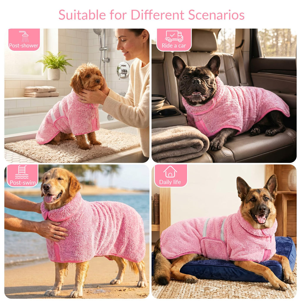Bienbee Dog Bathrobe - Quick Drying Super Absorbent Pet Robe for Small to Large Dogs, Pink, Large
