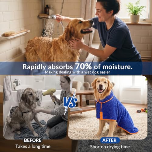 Bienbee Dog Bathrobe Large - Super Absorbent Quick Drying Pet Robe for After Bath, Dark Blue
