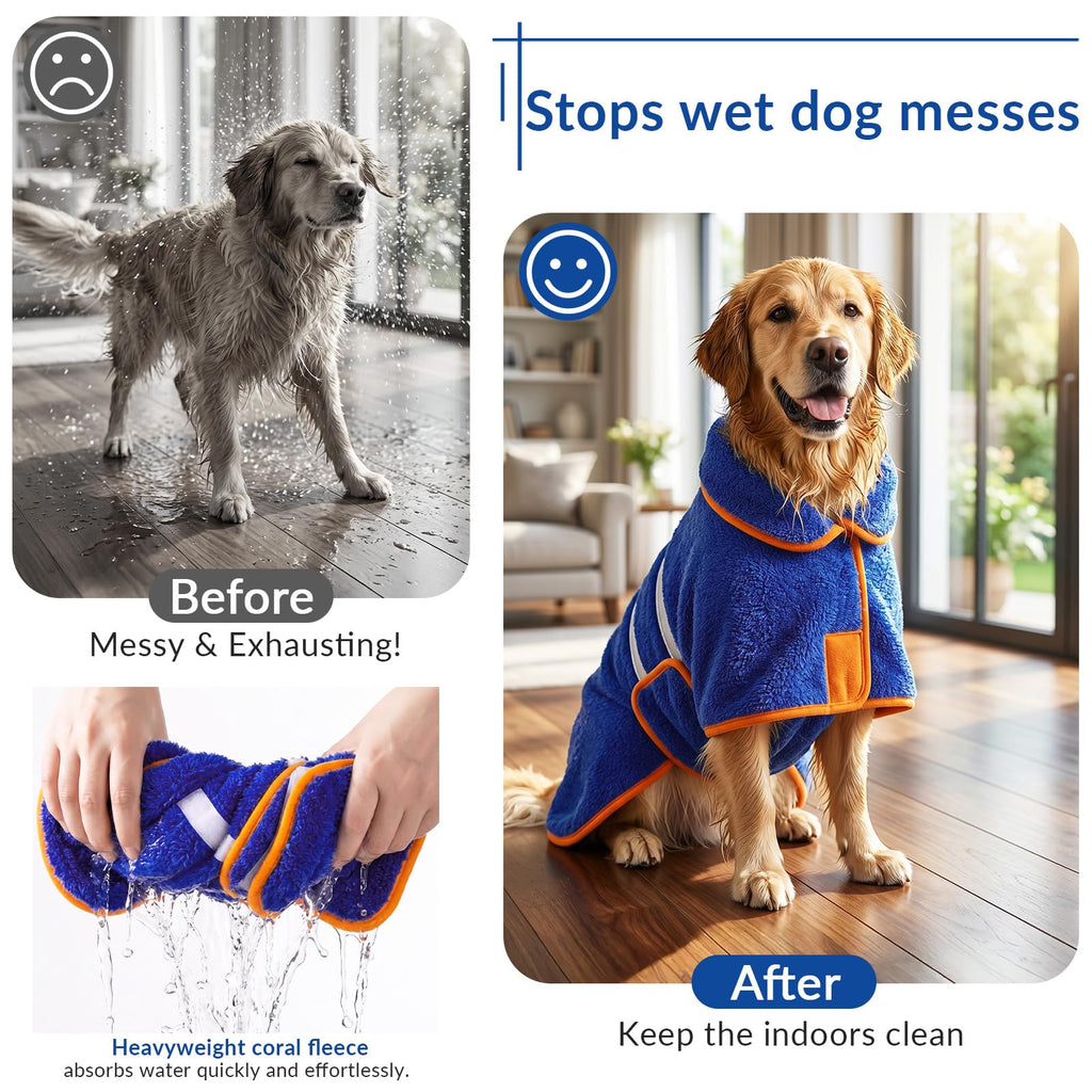 Bienbee Dog Bathrobe Large - Super Absorbent Quick Drying Pet Robe for After Bath, Dark Blue