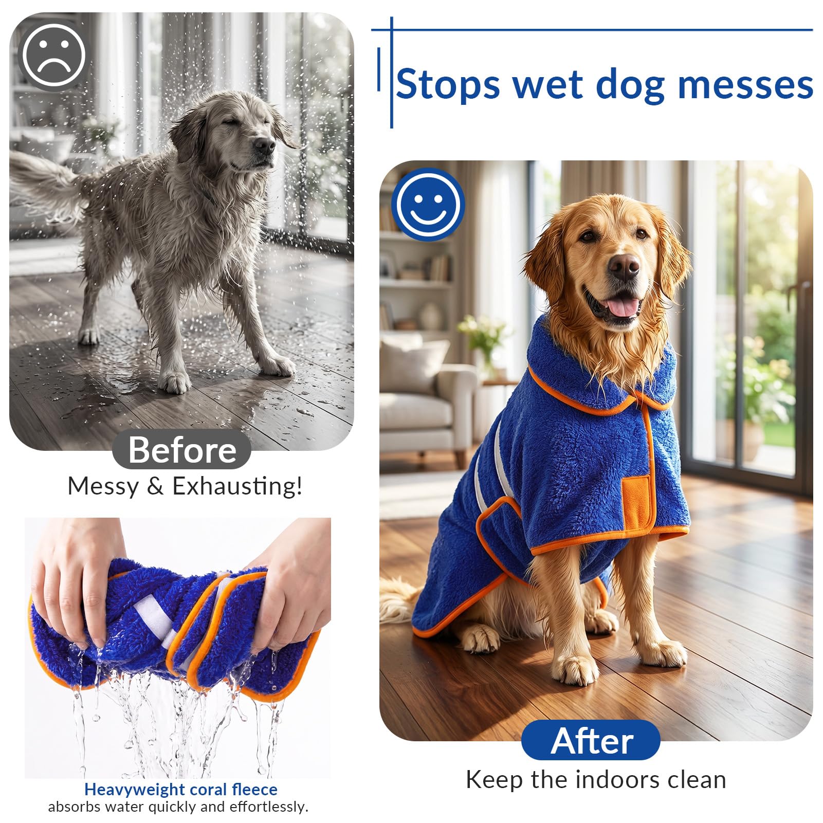 Bienbee Dog Bathrobe Large - Super Absorbent Quick Drying Pet Robe for After Bath, Dark Blue