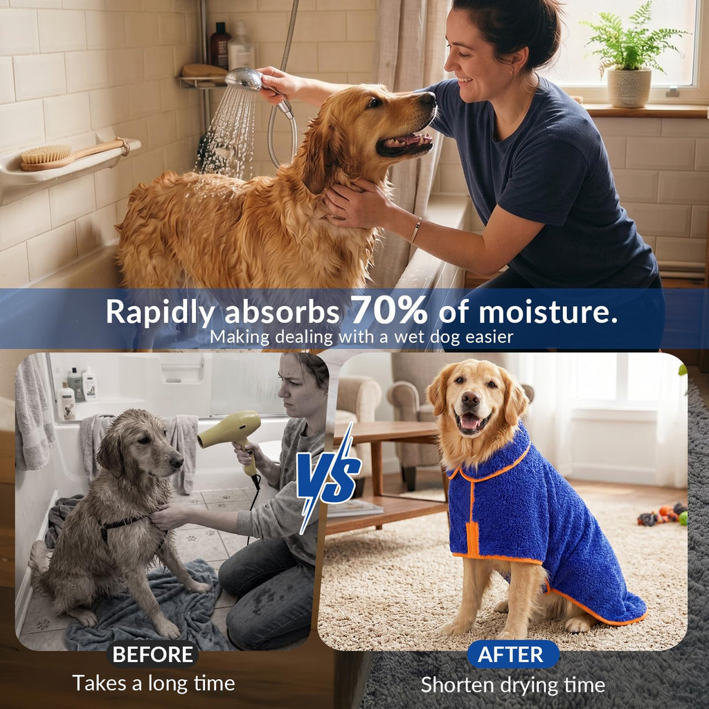 Bienbee Dog Bathrobe Large - Super Absorbent Quick Drying Pet Robe for After Bath, Dark Blue