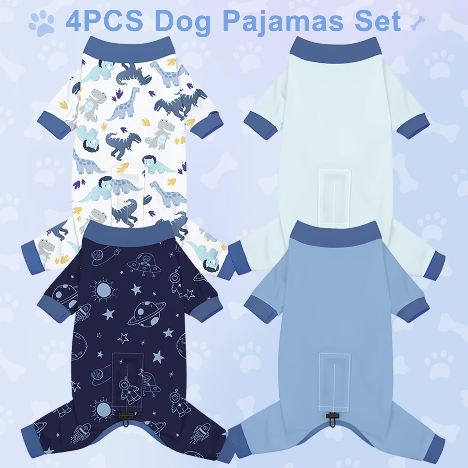 Bienbee Dog Pajamas 4 Pack - Soft, Breathable, Adjustable Onesies for Small to Medium Dogs - Recovery Suit & Shedding Suit