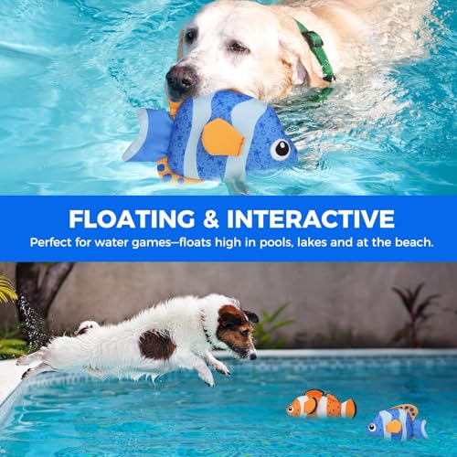 BINGPET 2-Pack Floating Fish Dog Toys with Squeaker & Crinkly Tail – Oxford Fabric Water Toys for Pool, Beach, and Outdoor Fetch