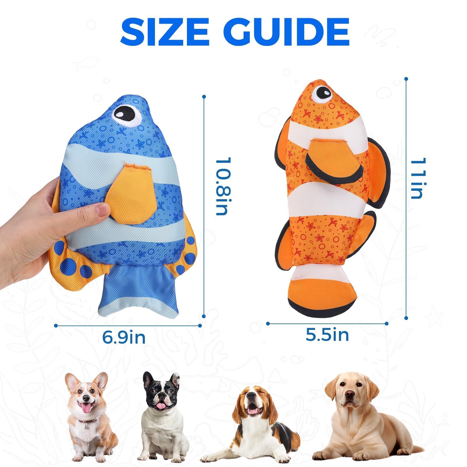 BINGPET 2-Pack Floating Fish Dog Toys with Squeaker & Crinkly Tail – Oxford Fabric Water Toys for Pool, Beach, and Outdoor Fetch