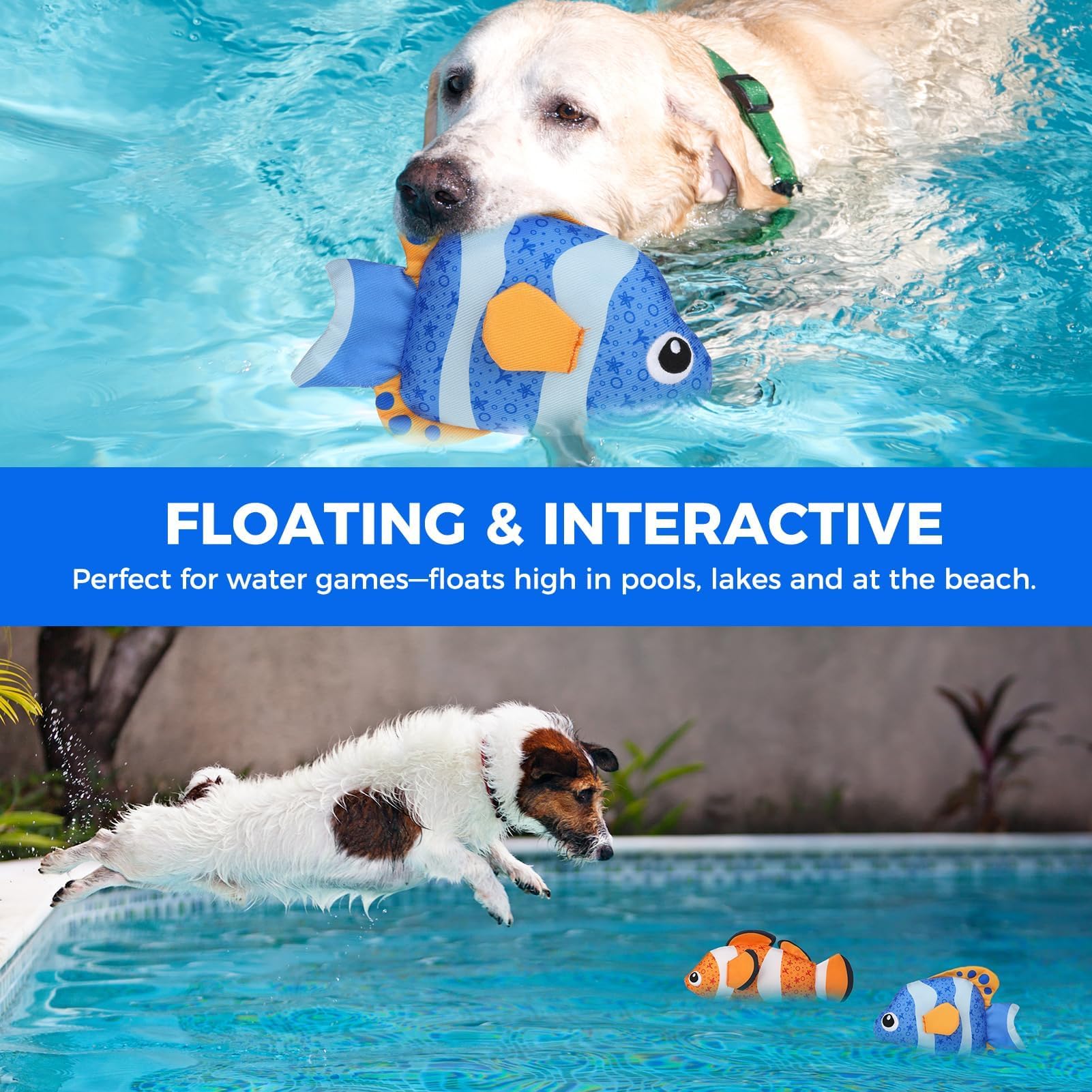 BINGPET 2-Pack Floating Fish Dog Toys with Squeaker & Crinkly Tail – Oxford Fabric Water Toys for Pool, Beach, and Outdoor Fetch
