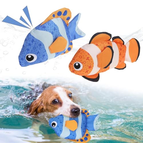 BINGPET 2-Pack Floating Fish Dog Toys with Squeaker & Crinkly Tail – Oxford Fabric Water Toys for Pool, Beach, and Outdoor Fetch